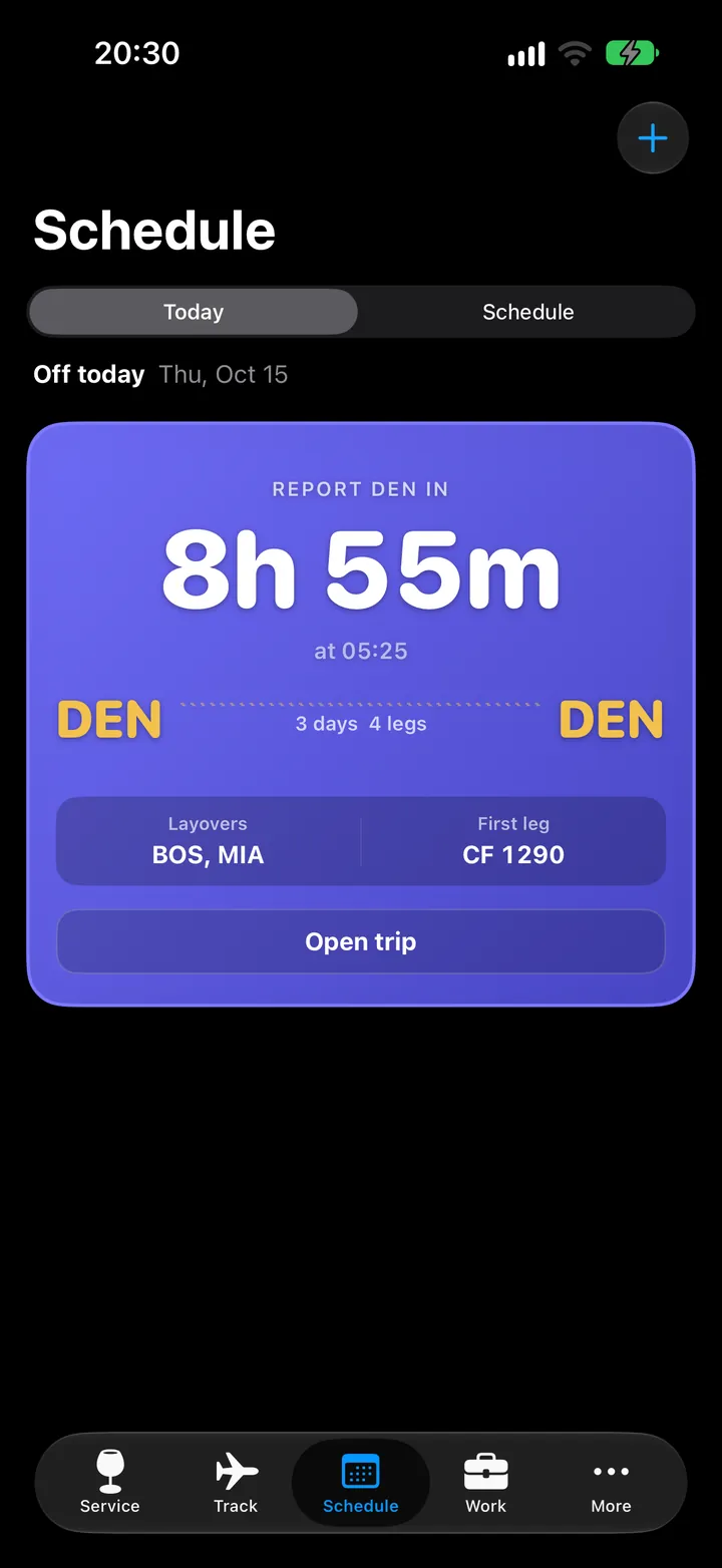 CabinFlow the evening before a trip: report countdown, layovers and first leg