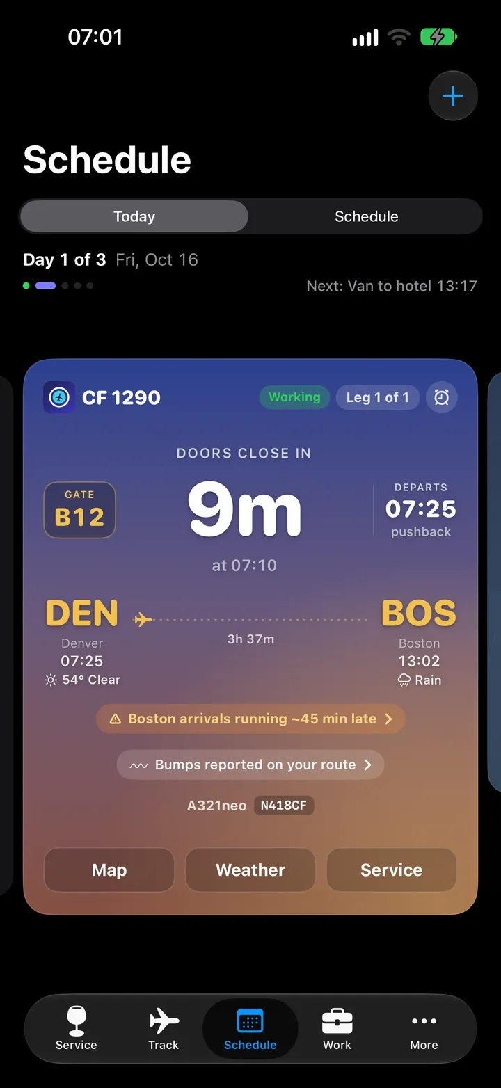 CabinFlow leg card at the gate: doors close countdown, gate, weather at both ends, FAA delay and turbulence lines