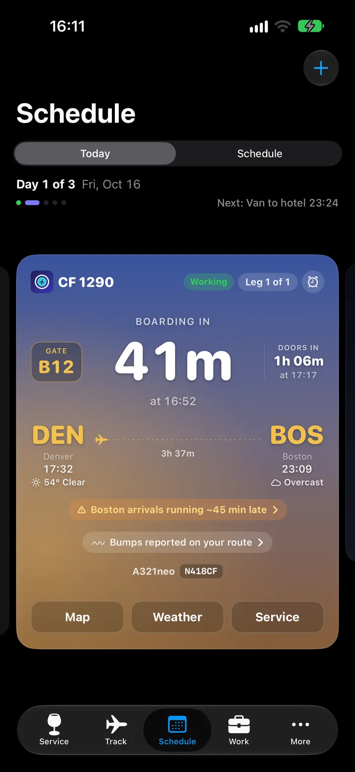 CabinFlow leg card, departure 17:32