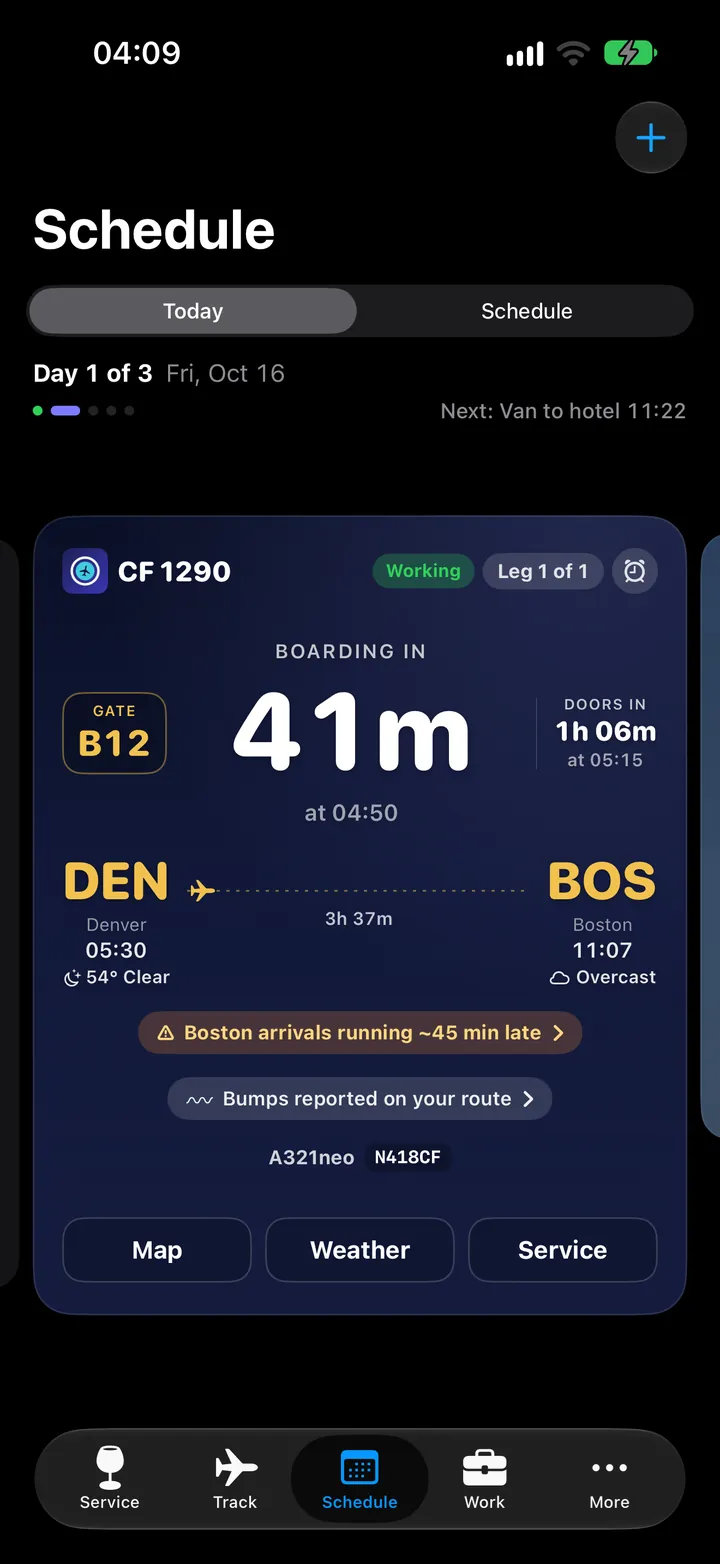 CabinFlow leg card, departure 05:30