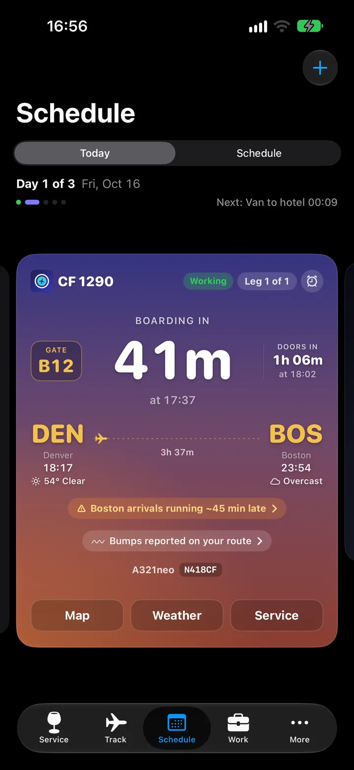 CabinFlow leg card, departure 18:17