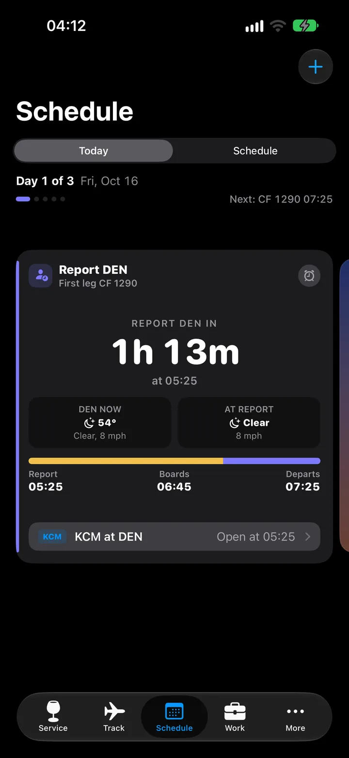 CabinFlow report card with Known Crewmember access at the report airport