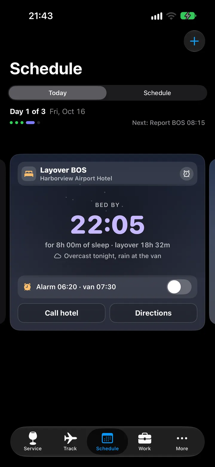 CabinFlow layover card at night: bed by 22:05 for eight hours of sleep, with the alarm and van times
