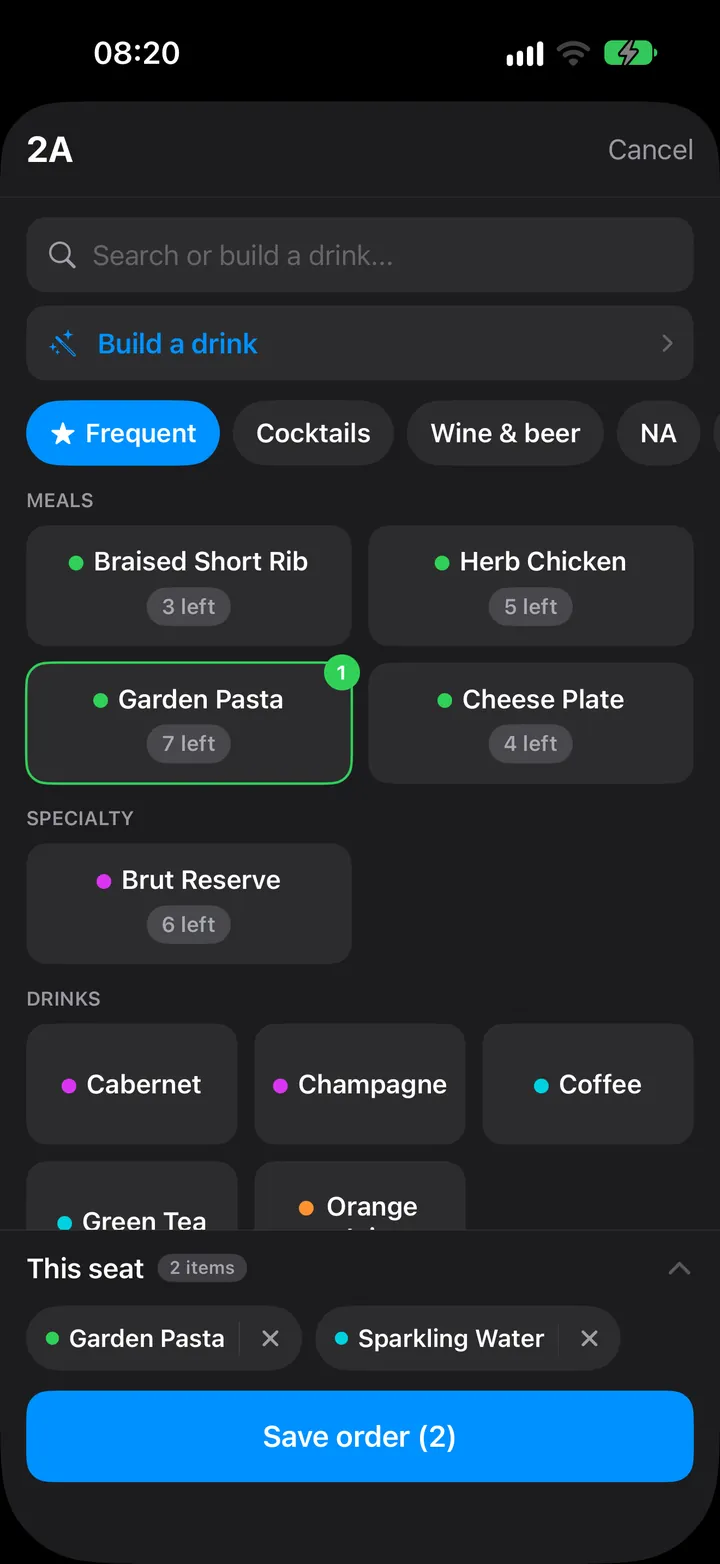 CabinFlow service screen: ordering a meal and drink for seat 2A