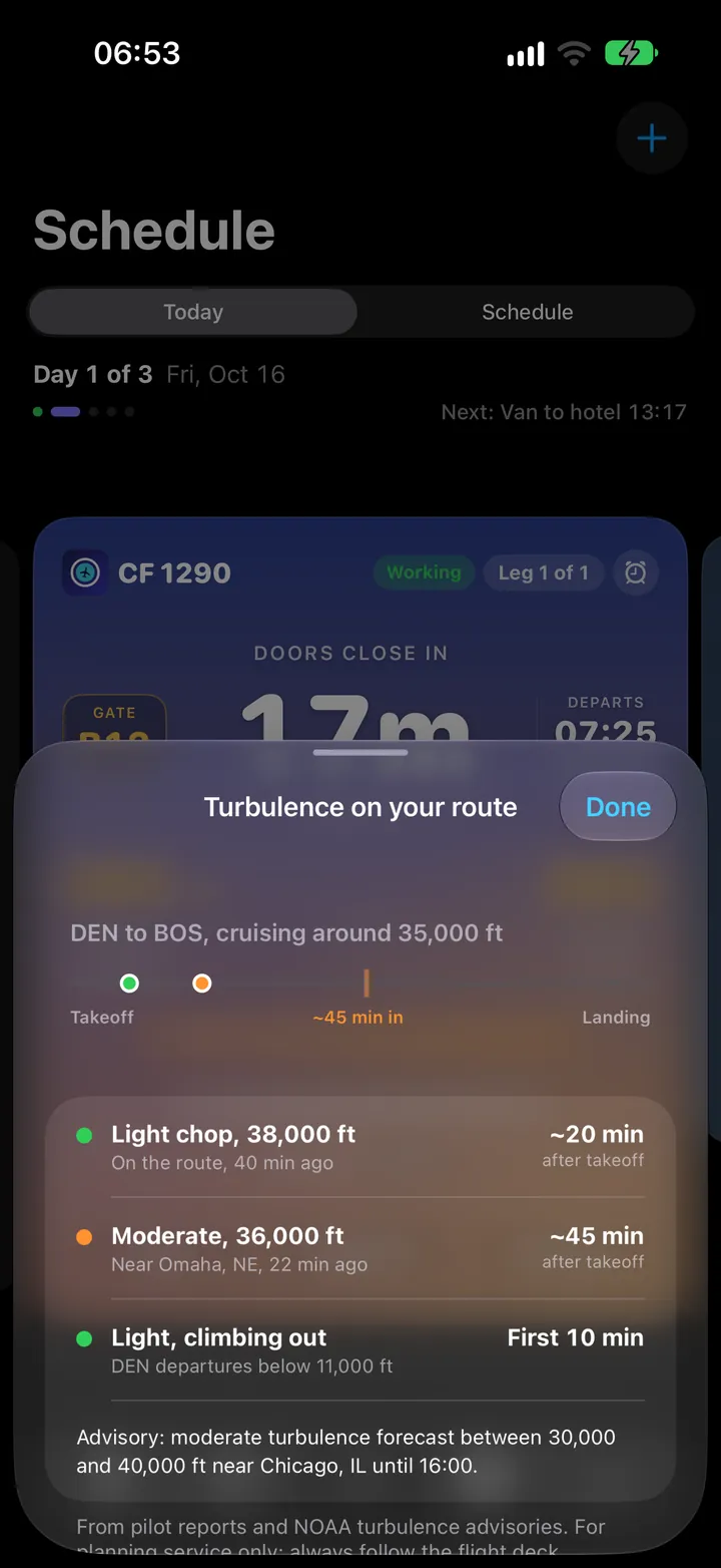 CabinFlow turbulence on your route: light chop and moderate reports with roughly when you will reach them
