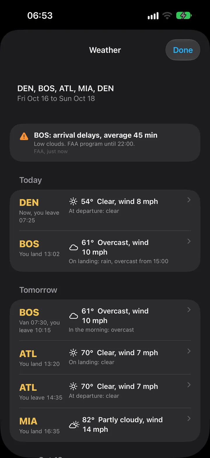 CabinFlow trip weather: every stop on the trip with conditions when you are there, and an FAA delay alert for Boston